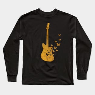 Offset Style Electric Guitar Silhouette Turning Into Butterflies Gold Long Sleeve T-Shirt